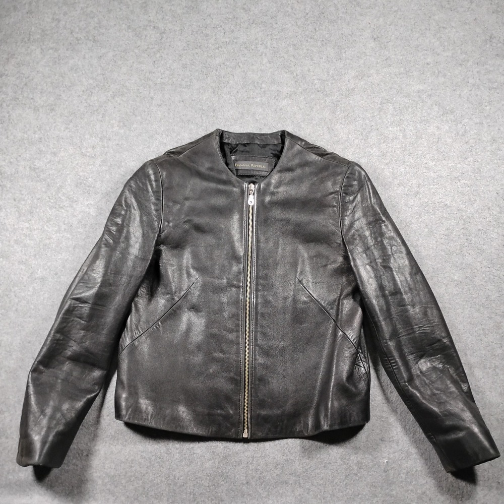 Banana Republic Women's Black Collarless Full Zip Genuine Leather Moto Jacket M